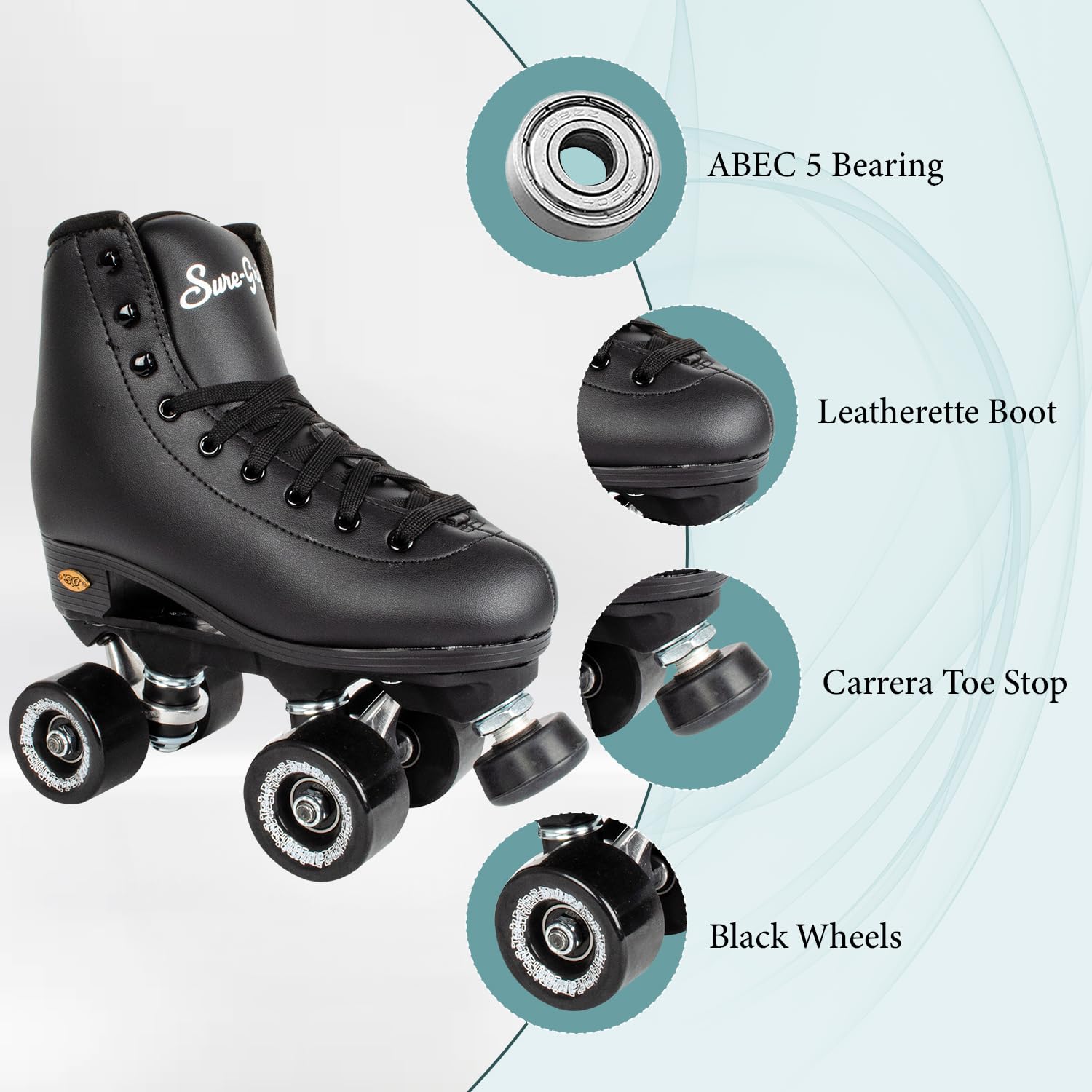 Sure Grip Fame Men & Women Premium Roller Skates Black Leatherette | Stylish Skates for Indoors - Double Structure, Stronger Grip, Extra Long Laces - Suitable for Beginners