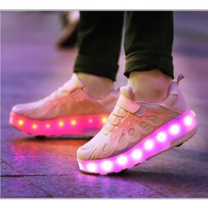 XinYiQu Kids USB Charging Led Light Up Shoes Breathable Mesh Double Wheels Roller Skate Shoes Sneakers for Boys Girls 6.5 M US Big Kid,Pink