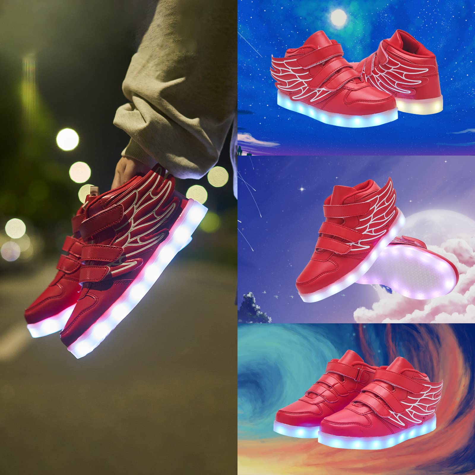 LED Light Up Shoes with Flying Wings for Boys Girls Kids Hip-Top Flashing Sneakers for Festivals, Party, Christmas, Halloween,Friend Gift with USB Charging, Red 35