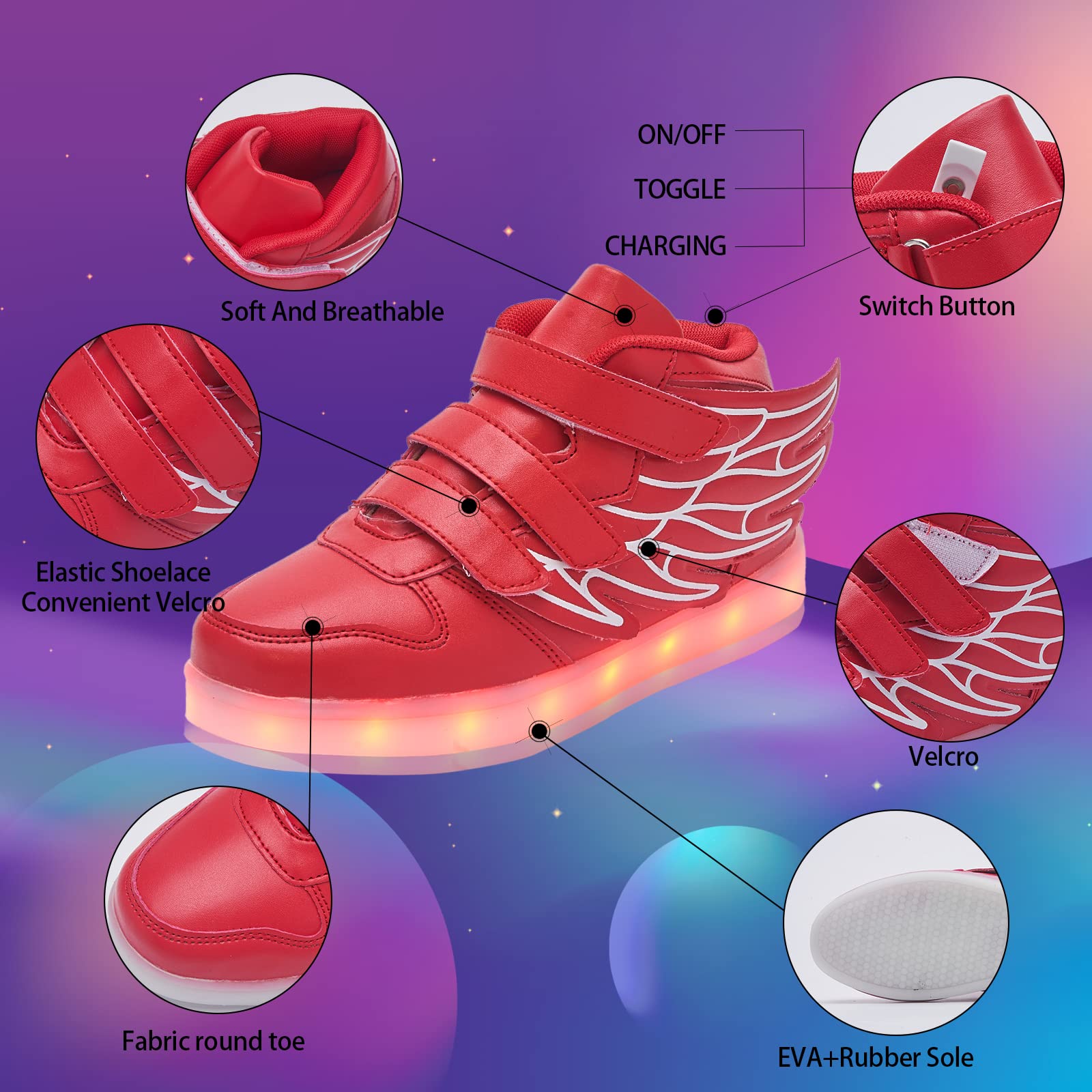 LED Light Up Shoes with Flying Wings for Boys Girls Kids Hip-Top Flashing Sneakers for Festivals, Party, Christmas, Halloween,Friend Gift with USB Charging, Red 35