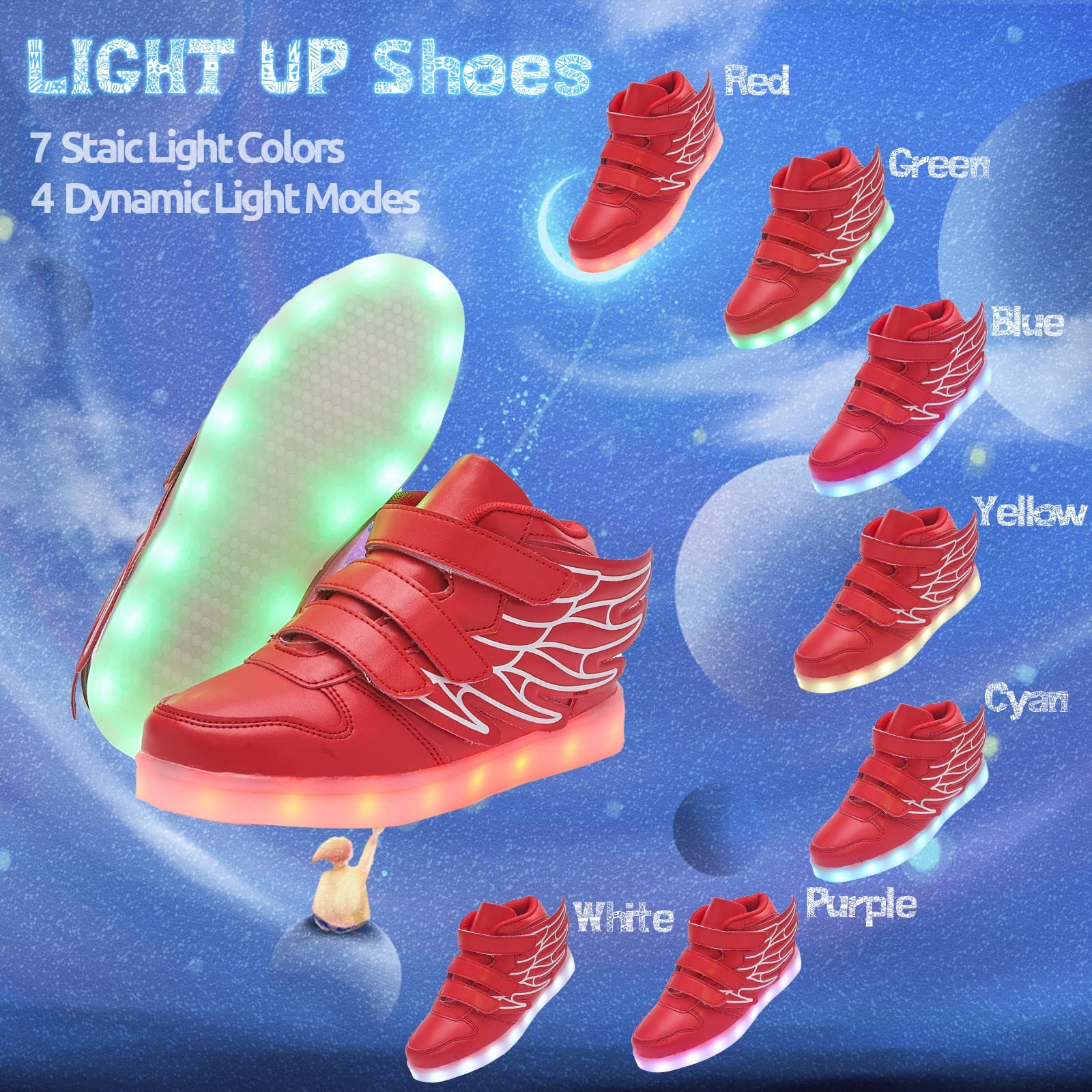 LED Light Up Shoes with Flying Wings for Boys Girls Kids Hip-Top Flashing Sneakers for Festivals, Party, Christmas, Halloween,Friend Gift with USB Charging, Red 35