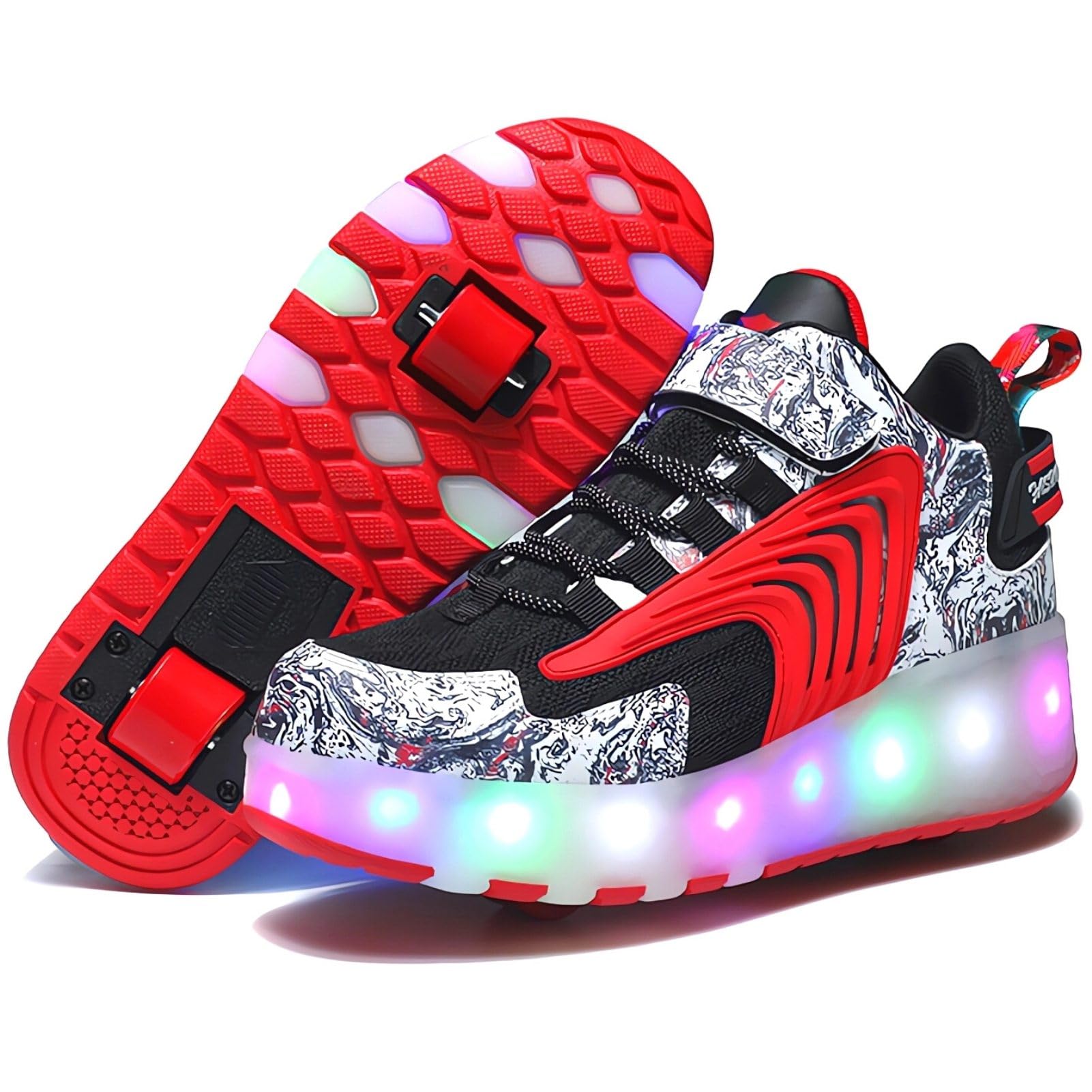 LED Light Up Roller Shoes with Double Wheels, Retractable Skateboarding Shoes for Kids Outdoor Sport Cross Trainers with Flashing Sneakers (2.5,D-Red)