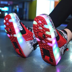 LED Light Up Roller Shoes with Double Wheels, Retractable Skateboarding Shoes for Kids Outdoor Sport Cross Trainers with Flashing Sneakers (2.5,D-Red)