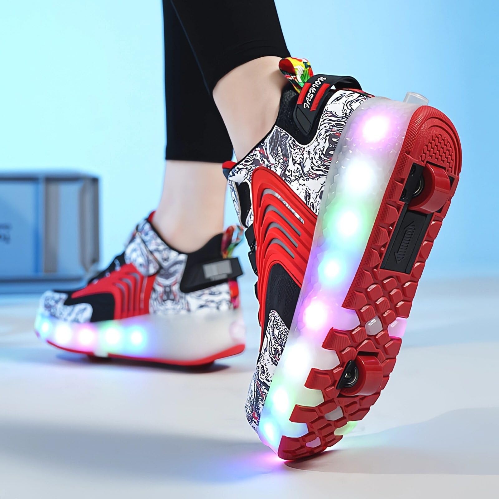 LED Light Up Roller Shoes with Double Wheels, Retractable Skateboarding Shoes for Kids Outdoor Sport Cross Trainers with Flashing Sneakers (2.5,D-Red)