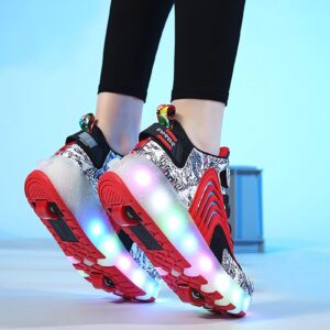 LED Light Up Roller Shoes with Double Wheels, Retractable Skateboarding Shoes for Kids Outdoor Sport Cross Trainers with Flashing Sneakers (2.5,D-Red)