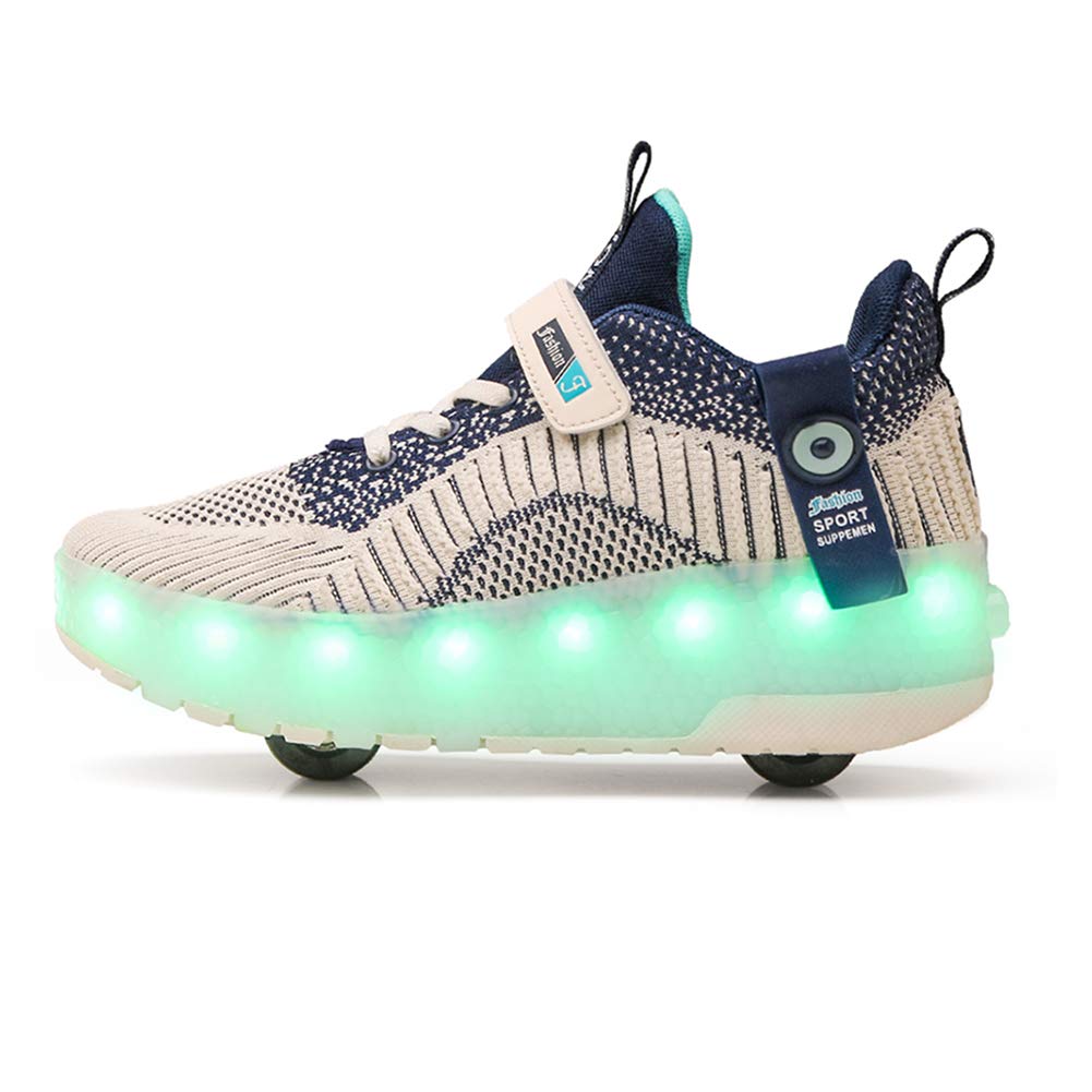 XinYiQu Kids Breathable Mesh Led Light Up Shoes USB Charging Double Wheels Roller Skate Shoes for Boys Girls 11 M US Little Kid,Blue