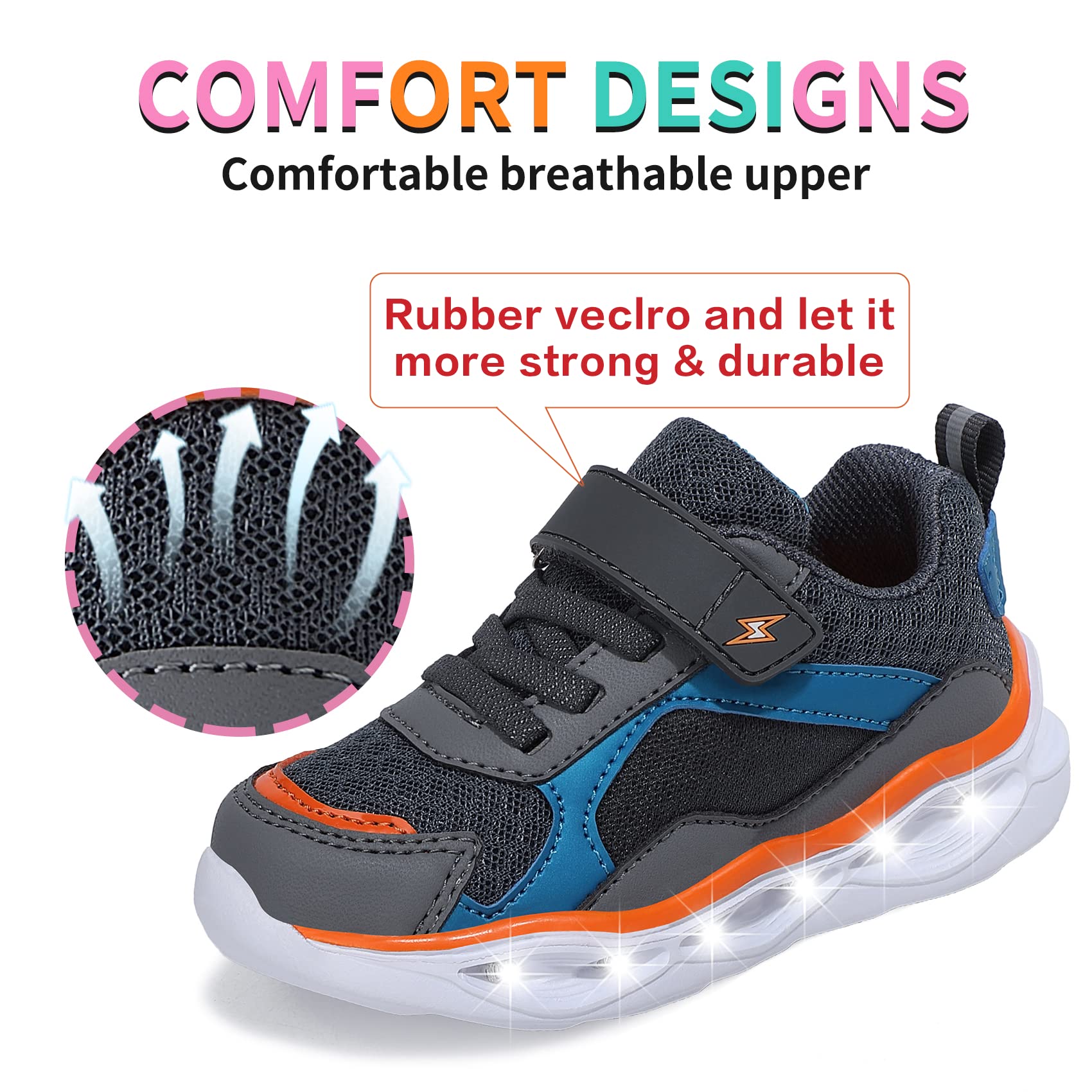 CNFOOTJKY Boys Light Up Shoes for Little Kids Lightweight LED Flashing Shoes Breathable Mesh Running Sneakers for Little Kids Size 11.5 Grey