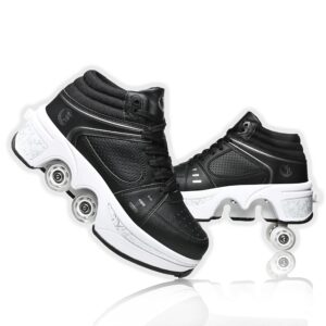 roller skate shoes for women four rounds children's roller skates shoes that turn into rollerskates sneakers outdoor light shoes with wheels for girls/boys (black no light, us 7.5)