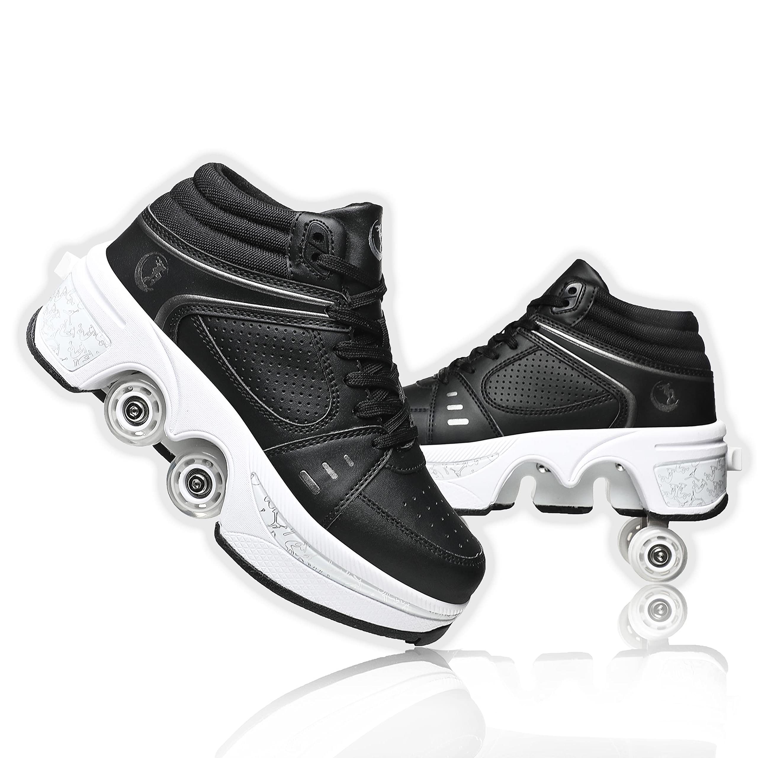 Roller Skate Shoes for Women Four Rounds Children's Roller Skates Shoes That Turn into Rollerskates Sneakers Outdoor Light Shoes with Wheels for Girls/Boys (Black NO Light, US 7.5)