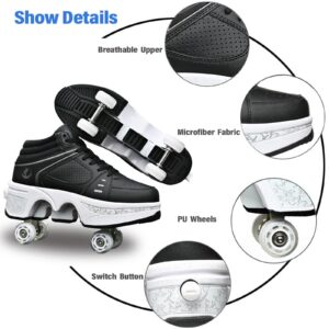 Roller Skate Shoes for Women Four Rounds Children's Roller Skates Shoes That Turn into Rollerskates Sneakers Outdoor Light Shoes with Wheels for Girls/Boys (Black NO Light, US 7.5)