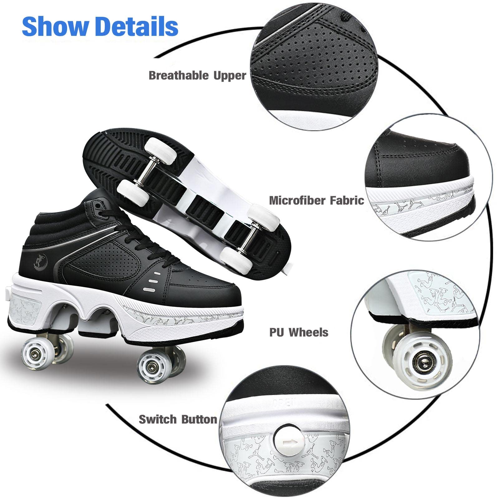 Roller Skate Shoes for Women Four Rounds Children's Roller Skates Shoes That Turn into Rollerskates Sneakers Outdoor Light Shoes with Wheels for Girls/Boys (Black NO Light, US 7.5)