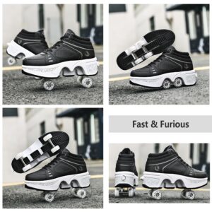 Roller Skate Shoes for Women Four Rounds Children's Roller Skates Shoes That Turn into Rollerskates Sneakers Outdoor Light Shoes with Wheels for Girls/Boys (Black NO Light, US 7.5)