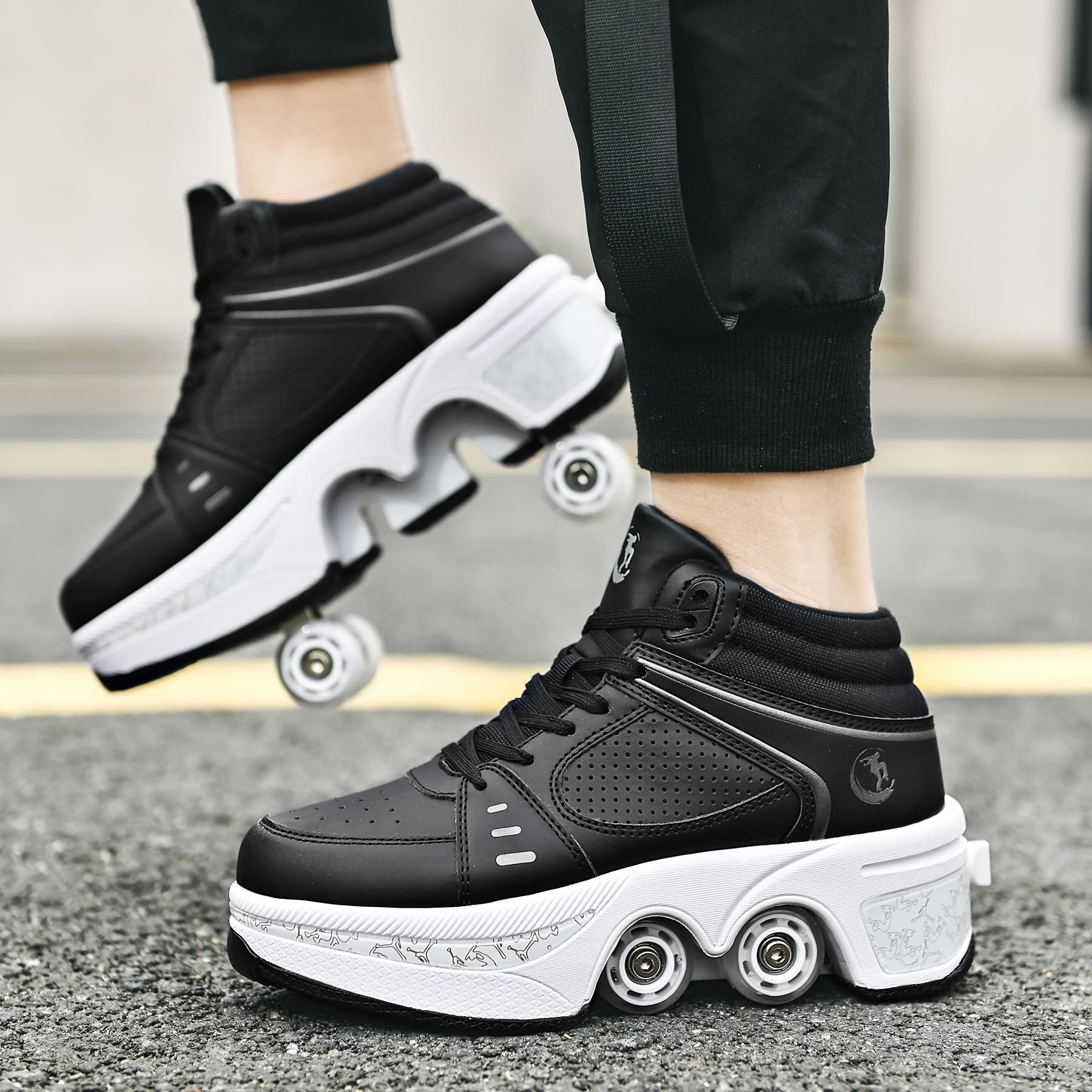 Roller Skate Shoes for Women Four Rounds Children's Roller Skates Shoes That Turn into Rollerskates Sneakers Outdoor Light Shoes with Wheels for Girls/Boys (Black NO Light, US 7.5)