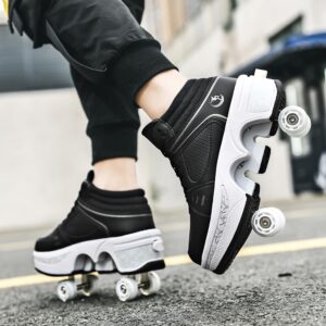 Roller Skate Shoes for Women Four Rounds Children's Roller Skates Shoes That Turn into Rollerskates Sneakers Outdoor Light Shoes with Wheels for Girls/Boys (Black NO Light, US 7.5)