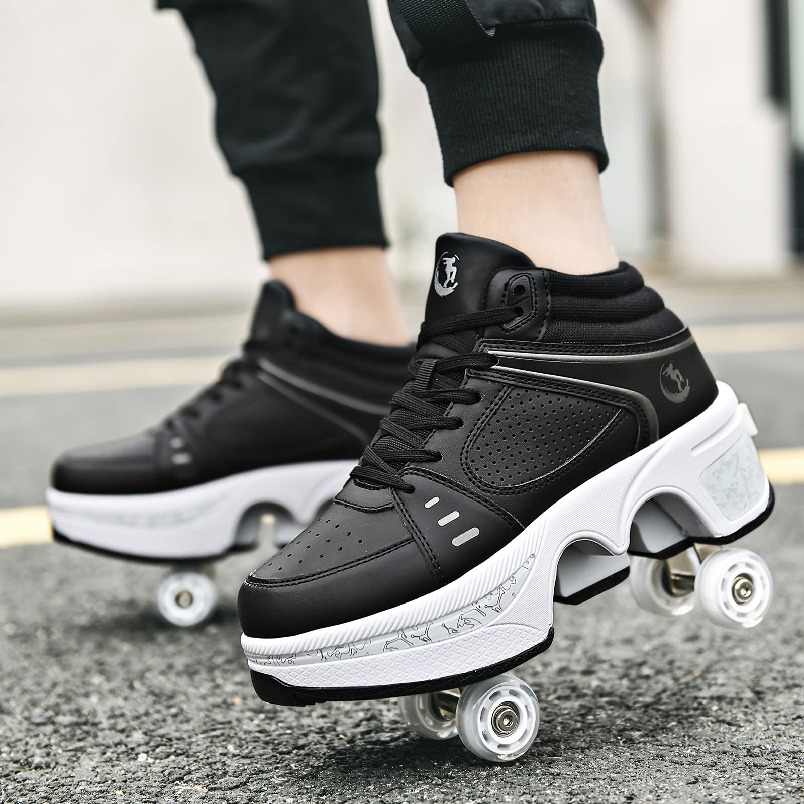 Roller Skate Shoes for Women Four Rounds Children's Roller Skates Shoes That Turn into Rollerskates Sneakers Outdoor Light Shoes with Wheels for Girls/Boys (Black NO Light, US 7.5)