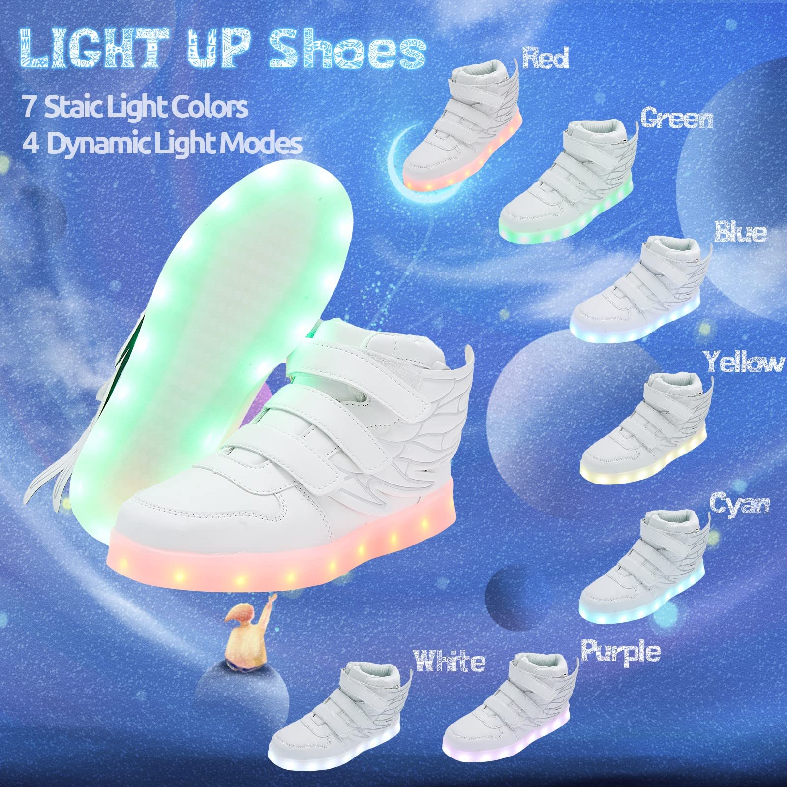 LED Light Up Shoes with Flying Wings for Boys Girls Kids Hip-Top Flashing Sneakers for Festivals, Party, Christmas, Halloween,Friend Gift with USB Charging, White 36