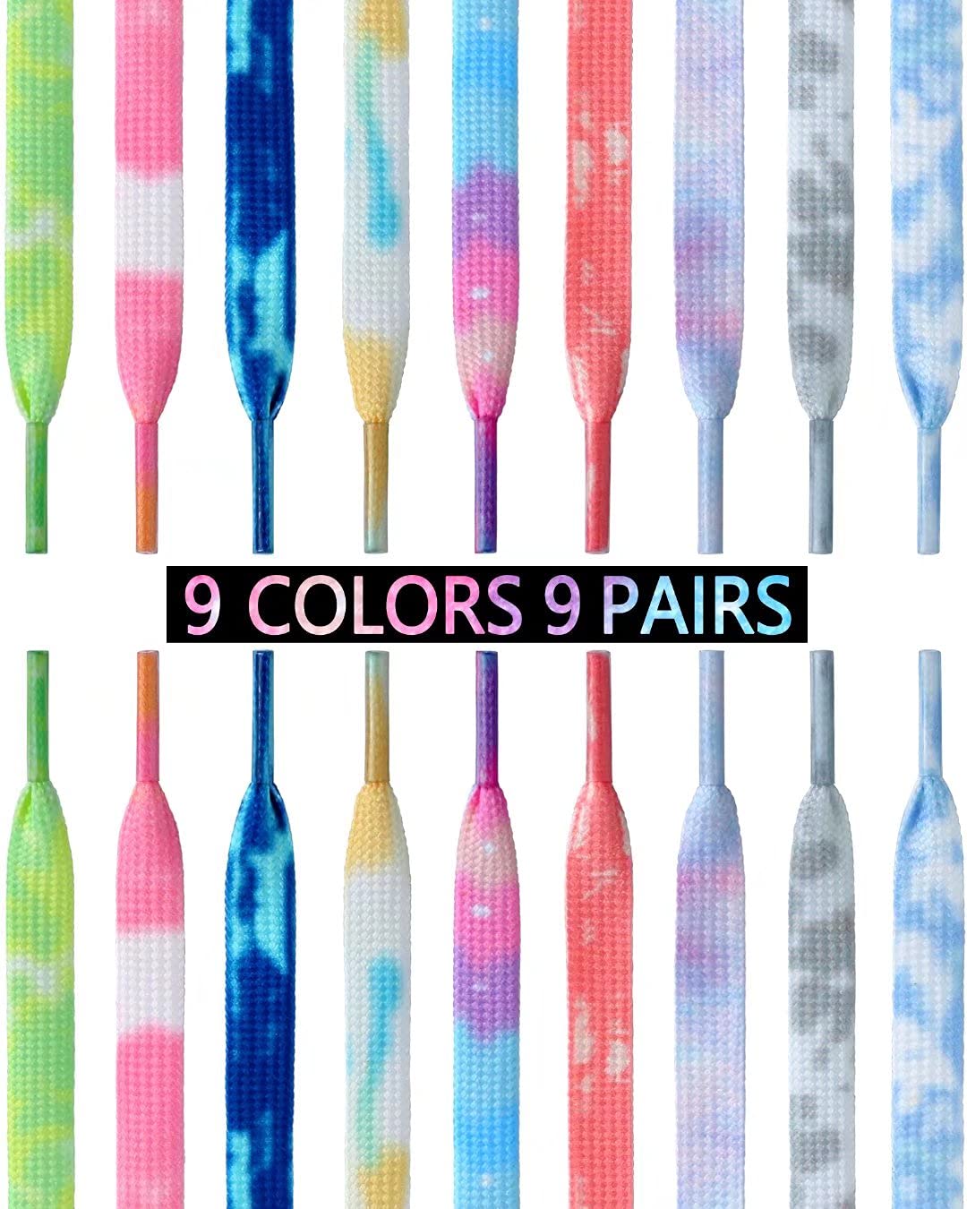 WHQXFDZ 9 Pairs Tie Dye Shoelaces Gradient Colors Shoe Laces in for Tie Dye Sports Shoes Boots Sneakers Skates(46inch)