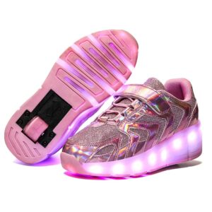 qyy led rechargeable single wheel roller shoes, single wheel retractable roller skates shoes roller sneakers for unisex girls boys beginners giftpink-usa 13