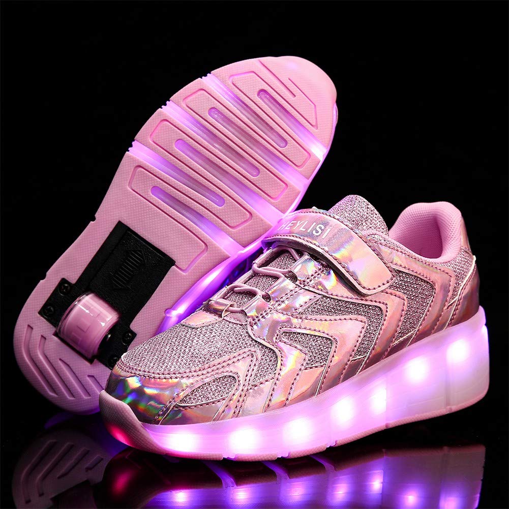 qyy Led Rechargeable Single Wheel Roller Shoes, Single Wheel Retractable Roller Skates Shoes Roller Sneakers for Unisex Girls Boys Beginners GiftPink-USA 13