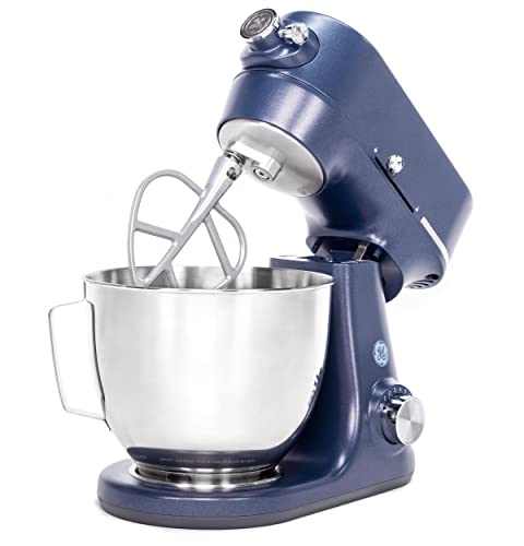 GE Tilt-Head Electric Stand Mixer | 7-Speed, 350-Watt Motor | Includes 5.3-Quart Bowl, Flat Beater, Dough Hook, Wire Whisk & Pouring Shield | Countertop Kitchen Essentials | Sapphire Blue