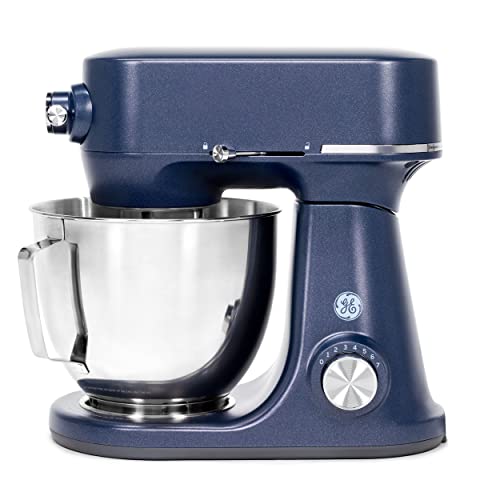 GE Tilt-Head Electric Stand Mixer | 7-Speed, 350-Watt Motor | Includes 5.3-Quart Bowl, Flat Beater, Dough Hook, Wire Whisk & Pouring Shield | Countertop Kitchen Essentials | Sapphire Blue