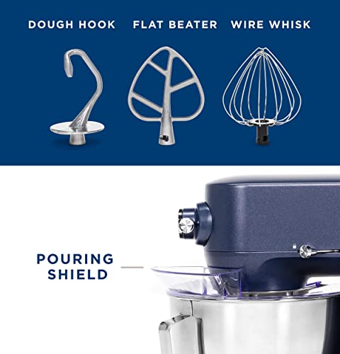 GE Tilt-Head Electric Stand Mixer | 7-Speed, 350-Watt Motor | Includes 5.3-Quart Bowl, Flat Beater, Dough Hook, Wire Whisk & Pouring Shield | Countertop Kitchen Essentials | Sapphire Blue