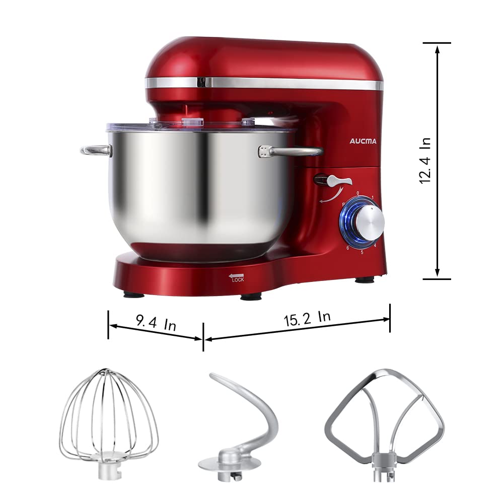 Aucma Stand Mixer,6.5-QT 660W 6-Speed Tilt-Head Food Mixer, Kitchen Electric Mixer with Dough Hook, Wire Whip & Beater 2 Layer Red Painting (6.5QT, Red)