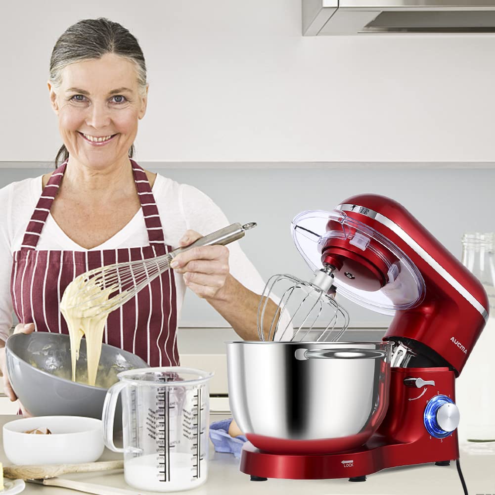 Aucma Stand Mixer,6.5-QT 660W 6-Speed Tilt-Head Food Mixer, Kitchen Electric Mixer with Dough Hook, Wire Whip & Beater 2 Layer Red Painting (6.5QT, Red)