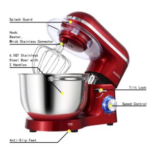 Aucma Stand Mixer,6.5-QT 660W 6-Speed Tilt-Head Food Mixer, Kitchen Electric Mixer with Dough Hook, Wire Whip & Beater 2 Layer Red Painting (6.5QT, Red)