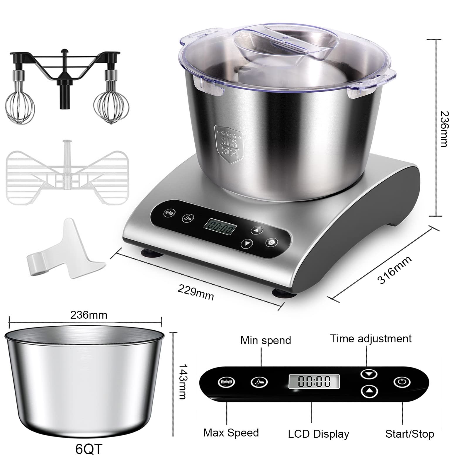 Mixer Kitchen Electric Stand Mixers LCD Display 6QT Bowl And Heating & Fermentation Function With Dough Hock,Cream Sticker,Egg Whick(Silver)