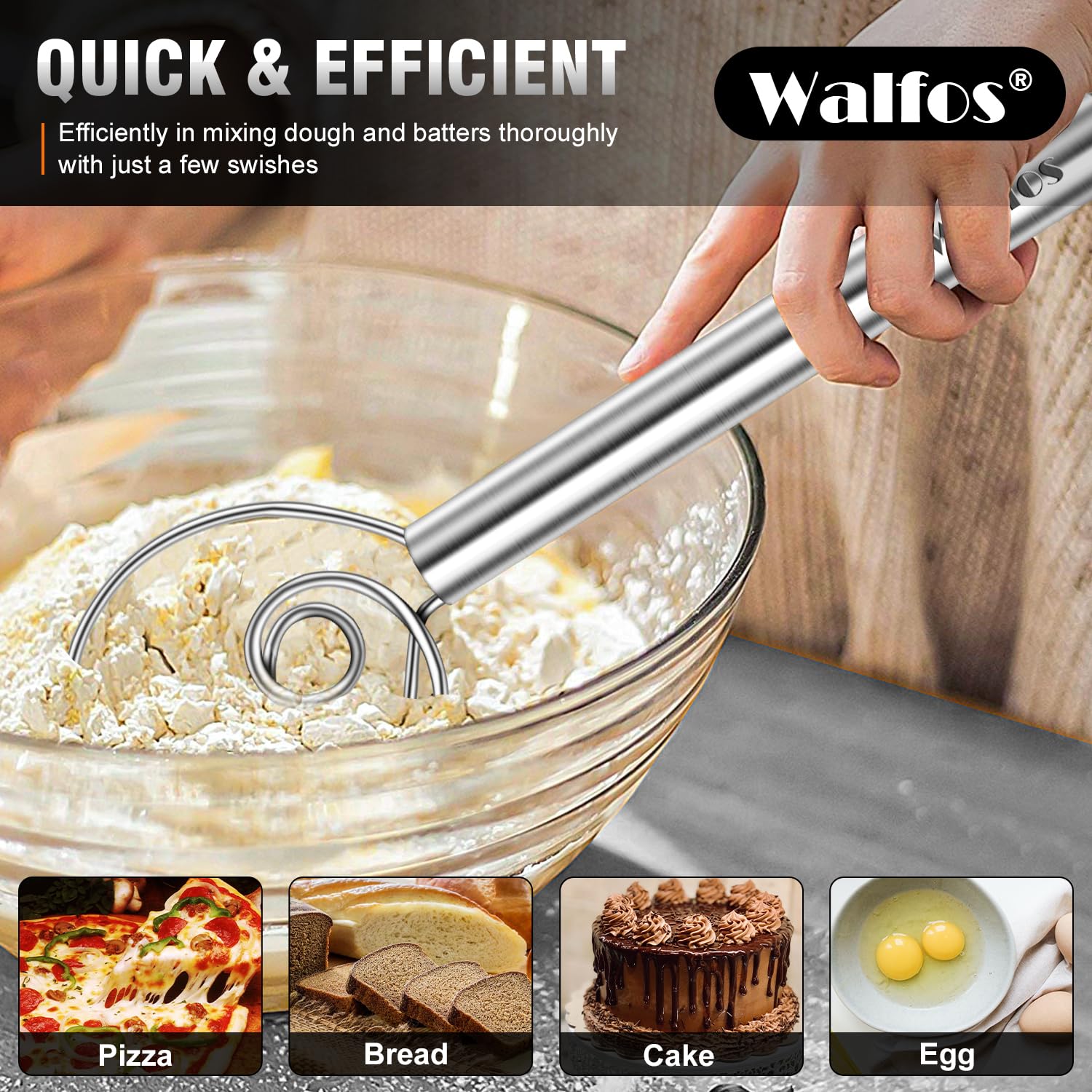 Walfos Danish Dough Whisk, Rustproof Stainless Steel Bread Whisk, Quick Mixing Bread Mixer, Dutch Dough Whisk for Cooking, Blending, Whisking, Stirring, Sourdough, Pizza, Pastry, Cake Batter（2pcs)