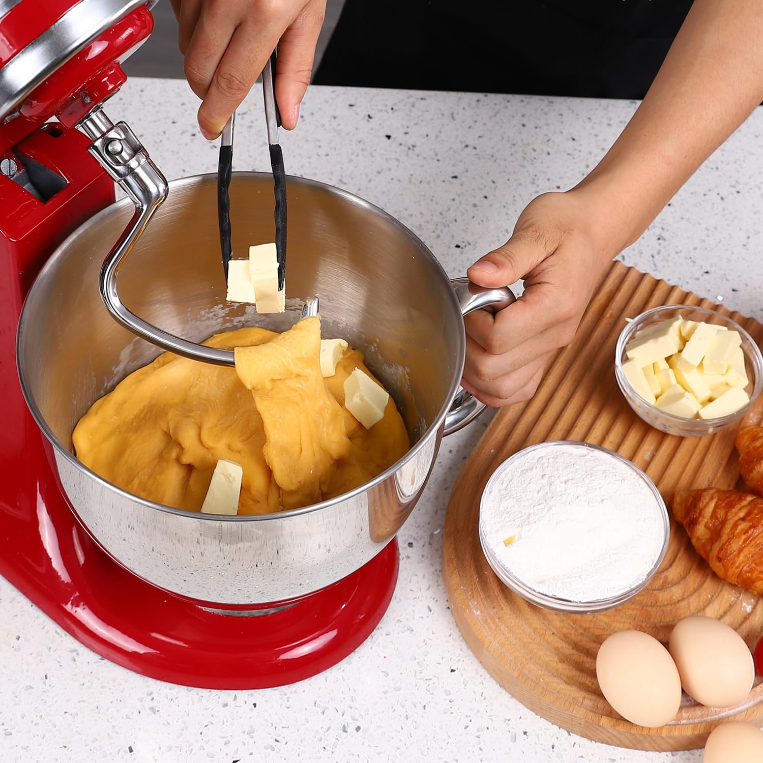 Stainless Steel Mixing Bowl & Dough Hook for KitchenAid 4.5 & 5.0 Quart Tilt-head Mixers, Dishwasher Safe, Additional Replacement with KitchenAid Original Attachments