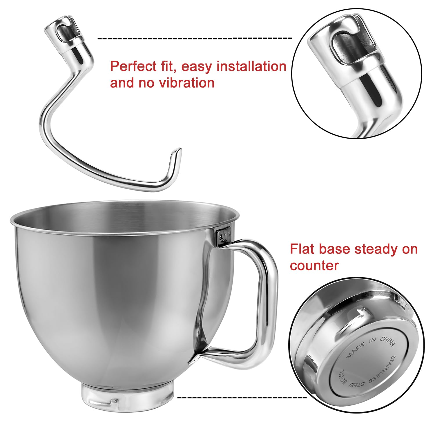 Stainless Steel Mixing Bowl & Dough Hook for KitchenAid 4.5 & 5.0 Quart Tilt-head Mixers, Dishwasher Safe, Additional Replacement with KitchenAid Original Attachments