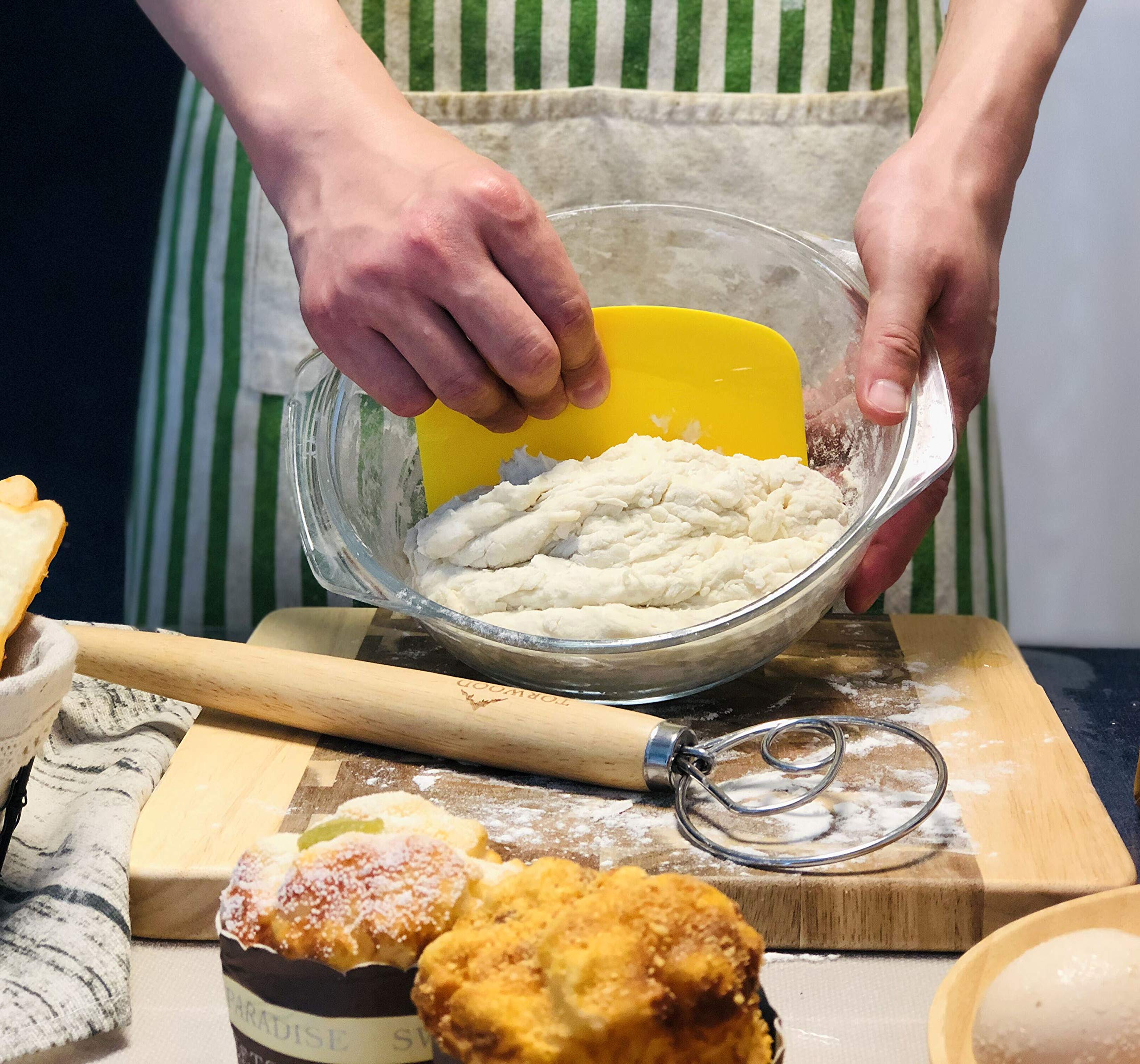 Torwood Danish Dough Whisk Bread Mixer Large 13.5 inches Stainless Steel Wooden Dutch Hook for Baking, Loaves, Pastries and Pizza, comes with a Dough Scraper