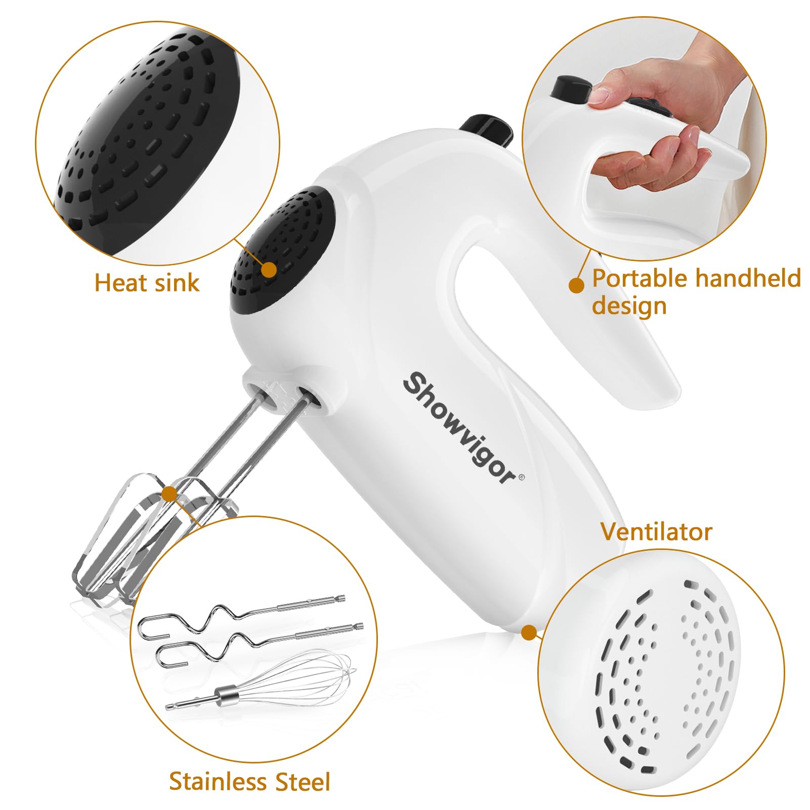 Showvigor Kitchen Mixer Electric Handheld - Portable Hand Mixer Electric with 5 Stainless Steel Accessories Whisk, Food Beater for Whipping Mixing Cookies Cakes Eggs Dough