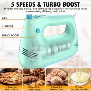 GUALIU Electric Hand Mixer with Stainless Steel Whisk, Dough Hook Attachment and Storage Bag, Handheld Mixer for Baking Cakes, Eggs, Cream Food Mixers. Turbo Boost /5 Speed Kitchen Blender GREEN