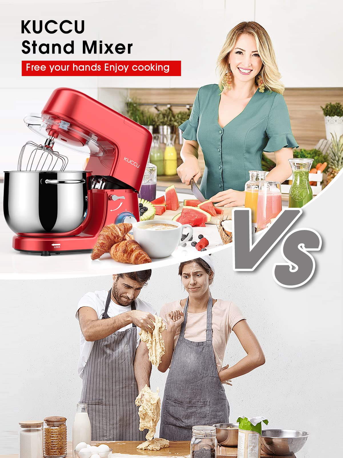 8.5 QT Double Handle KUCCU Stand Mixer, 6 Speed with Pulse Electric Kitchen Mixer, 660W Tilt-Head Food Mixer with Dishwasher-Safe Dough Hook, Flat Beater, Whisk, Splash Guard for home baking (Red)