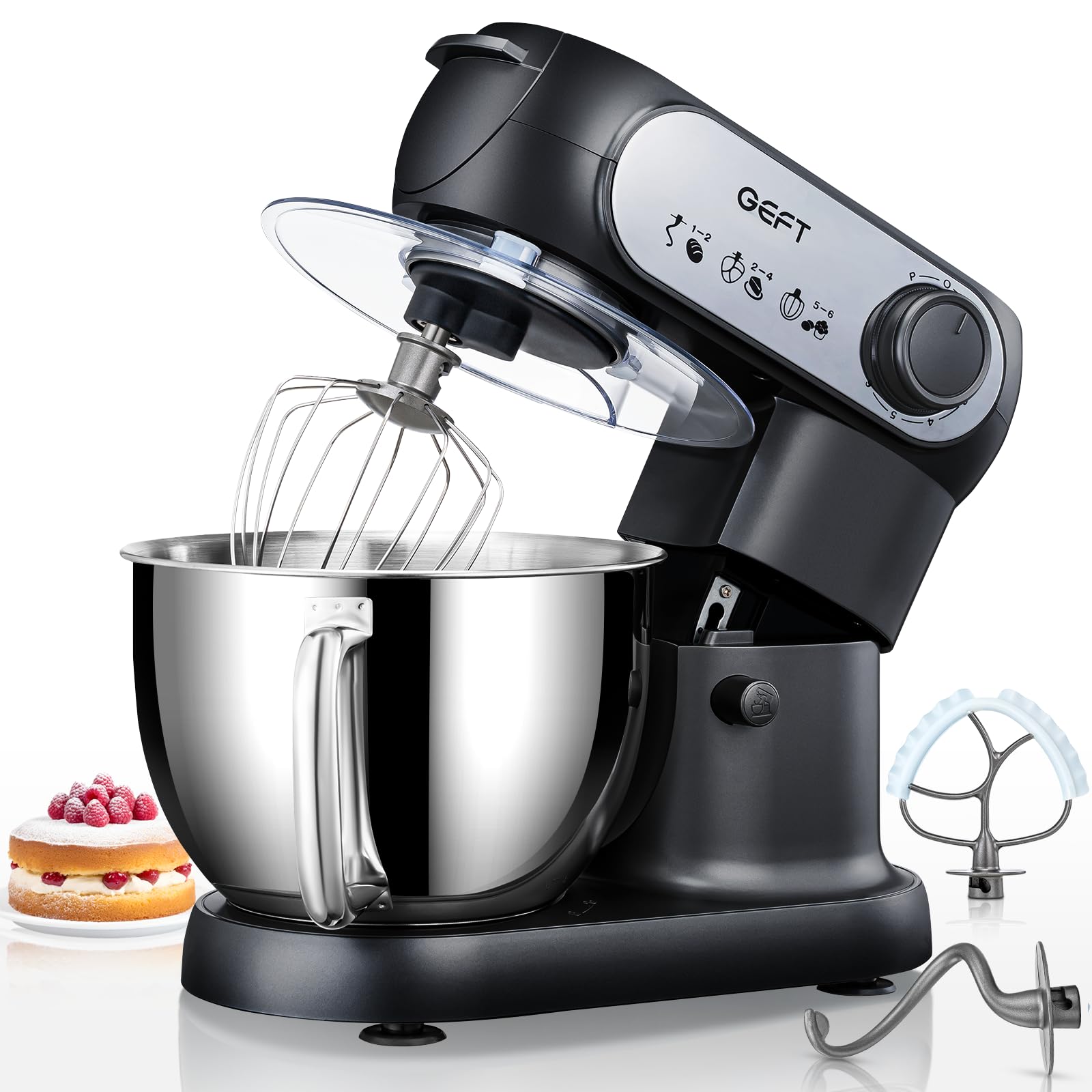 Stand Mixer, 6 QT 600W Tilt-Head Dough Mixer, 6+P speed Mixers Kitchen Electric Stand Mixer with Stainless Steel Bowl, Dishwasher-Safe Dough Hook, Flat Beater, Wire Whisk, Splash Guard, Black