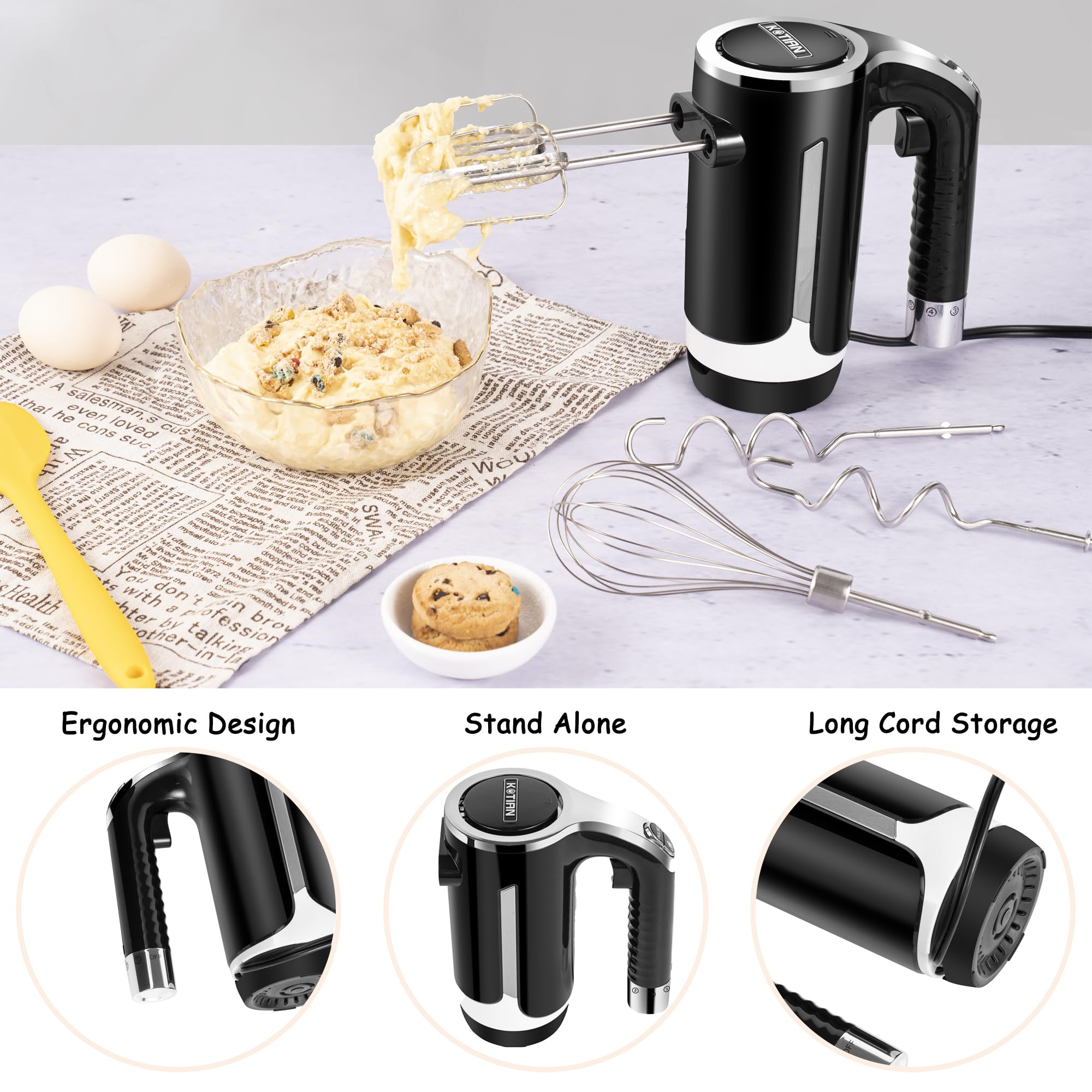 Hand Mixer Electric,KTOAIN 5-Speed Handheld Mixers,High-Performance DC Motor,Electric Beaters with 5 Stainless Steel Accessories,Eject Button,Self-Control Speed for Baking Cake Egg Cream Food Beater