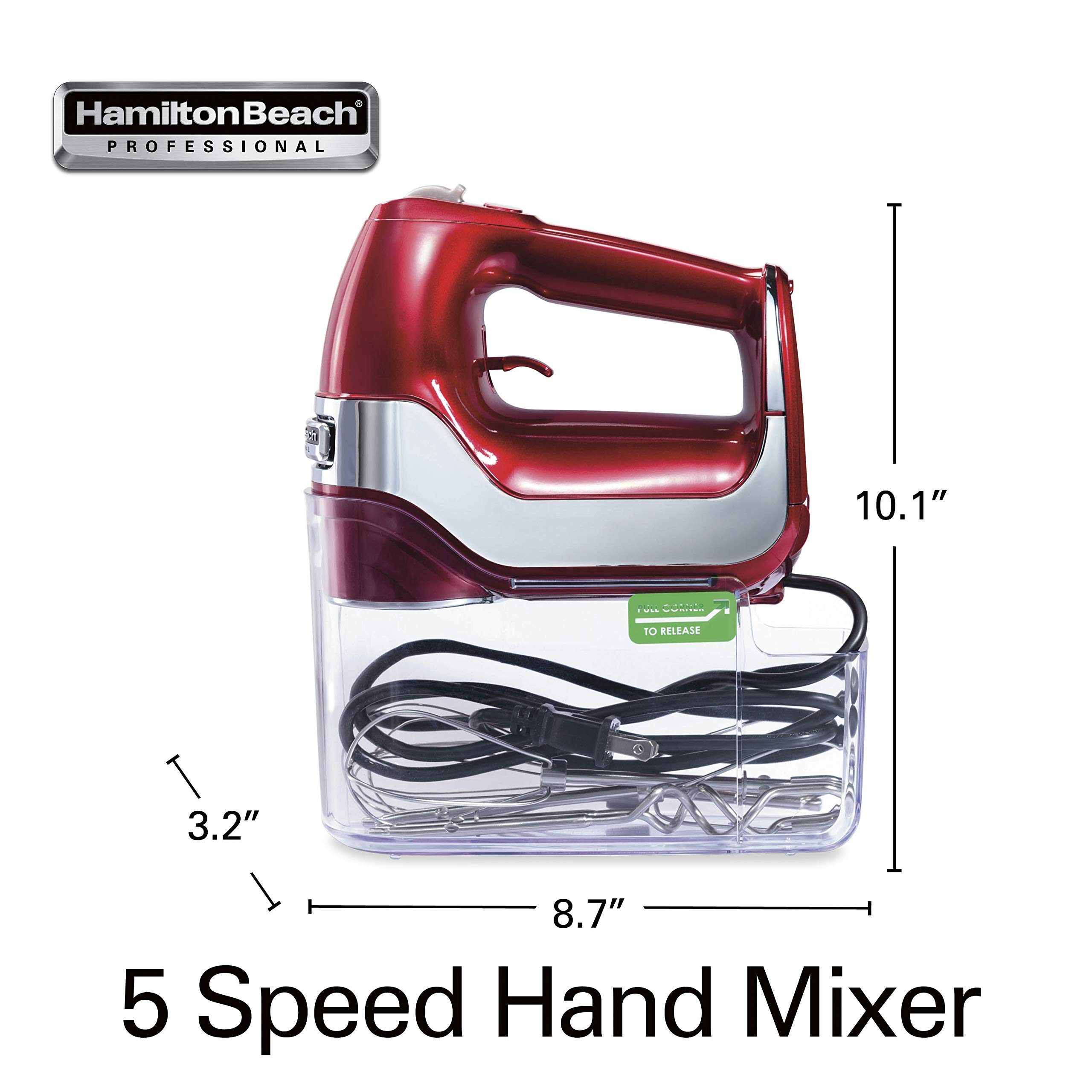 Hamilton Beach Professional 5-Speed Electric Hand Mixer with High-Performance DC Motor Slow Start, Snap-On Storage Case, Stainless Steel Beaters, Dough Hooks & Whisk, Red and Chrome (62653)