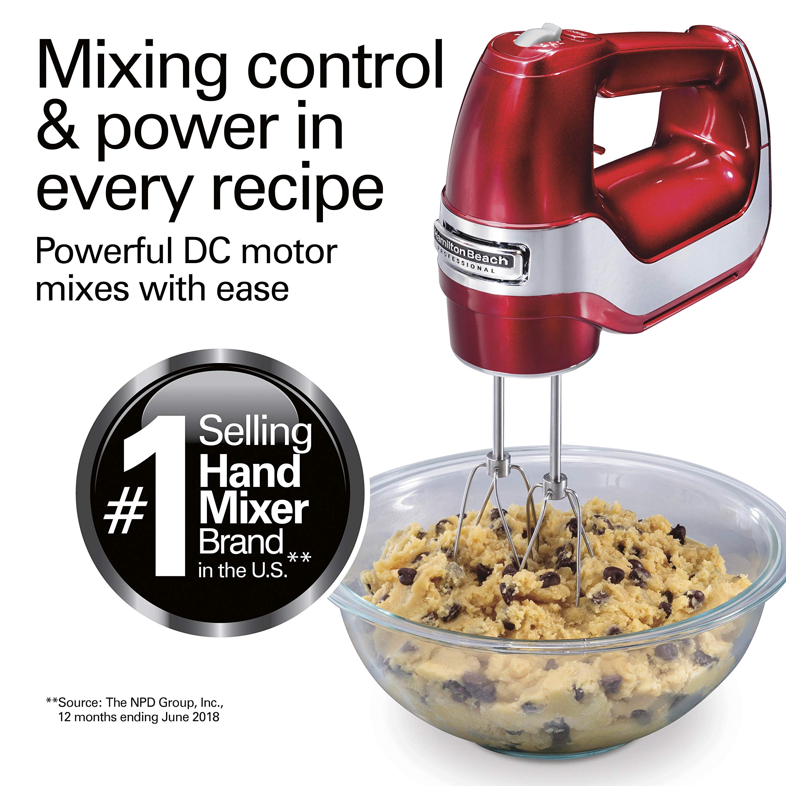 Hamilton Beach Professional 5-Speed Electric Hand Mixer with High-Performance DC Motor Slow Start, Snap-On Storage Case, Stainless Steel Beaters, Dough Hooks & Whisk, Red and Chrome (62653)