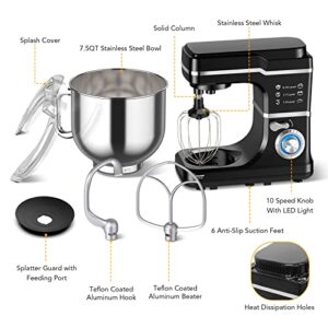 FlexWill Stand Mixer 7.5QT Dough Mixer 10 Speeds Tilt-Head Food Mixer Electric Stand Mixer with Stainless Steel Bowl, Dough Hook, Egg Whisk, Flat Beater, Splash Guard 300W Cake Mixer Black (MC1)