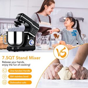 FlexWill Stand Mixer 7.5QT Dough Mixer 10 Speeds Tilt-Head Food Mixer Electric Stand Mixer with Stainless Steel Bowl, Dough Hook, Egg Whisk, Flat Beater, Splash Guard 300W Cake Mixer Black (MC1)