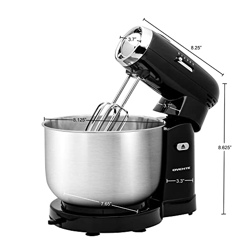 OVENTE Electric Kitchen Stand Mixer with 3.5-Quart Removable Stainless Steel Mixing Bowl, 5 Speed Control, 250-Watt Power, 2 Blender Attachment Egg Beater Whisk & Dough Hook Black SM680B