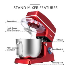 VIVOHOME 7.5 Quart Stand Mixer, 660W 6-Speed Tilt-Head Kitchen Electric Food Mixer with Beater, Dough Hook, Wire Whip, and Egg Separator, Red