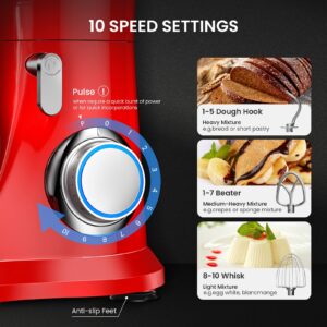 Stand Mixer, KICHOT 10+P Speed 4.8 Qt. Household Stand Mixers, Tilt-Head Cake Mixer Machine with Dough Hook, Beater, Wire Whisk & Splash Guard Attachments for Baking, Cake, Cookie, Kneading, RED