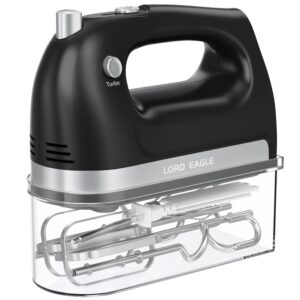 lord eagle hand mixer electric, 400w power handheld mixer for baking cake egg cream food beater, turbo boost/self-control speed + 5 speed + eject button + 5 stainless steel accessories (black)