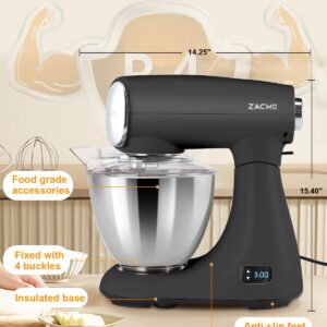 ZACME Mixers Kitchen Electric Stand Mixer, Aluminum die casting and Gears, 1 Hour Continuous Operation, Dual Cooling System, Low Noise DC Motor, LED Display and Timing Function, 600W 5.5QT, Food Grade