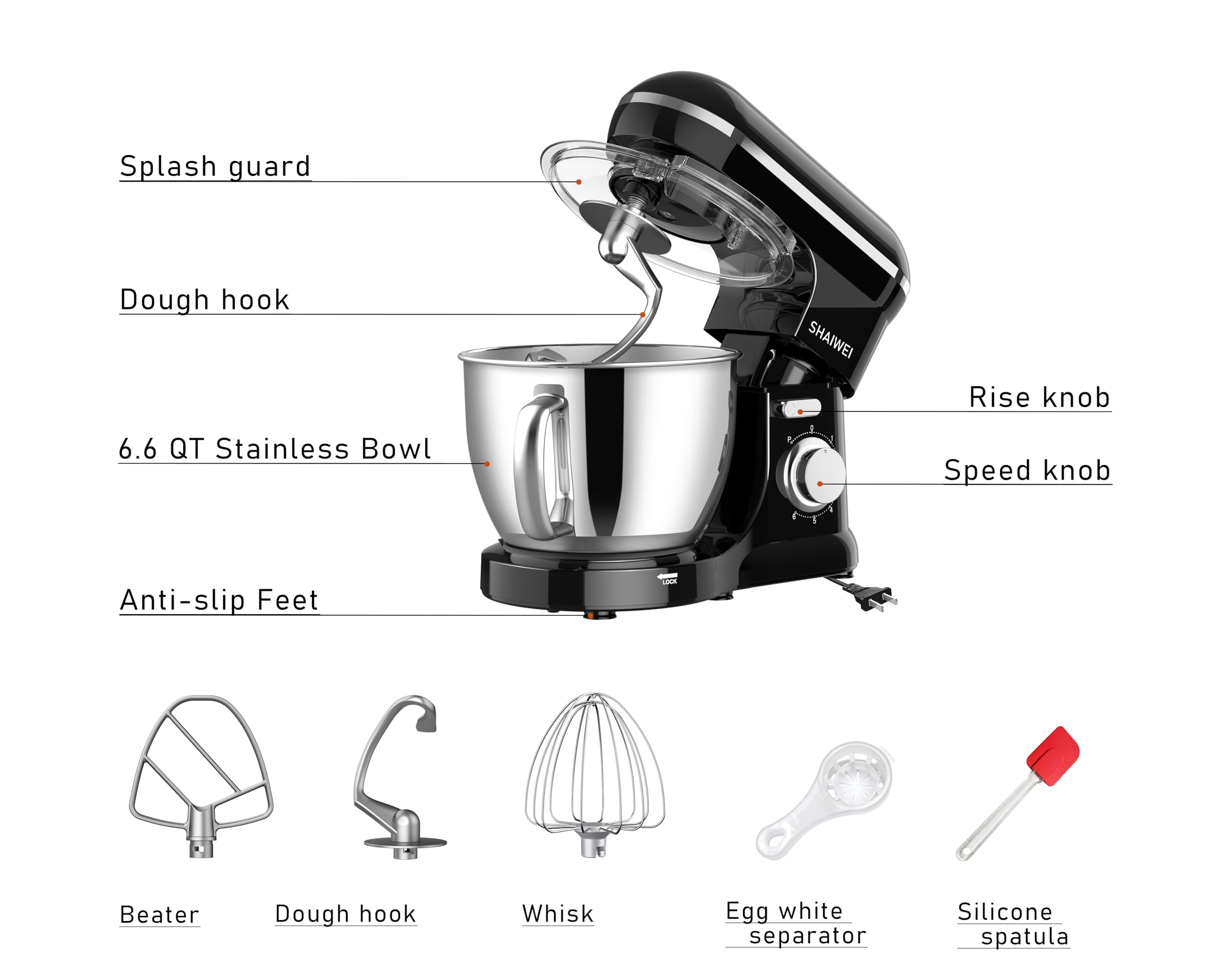 Kitchen Stand Mixer, 6.5 Qt Mixing Bowl, 660W 6+P Speeds Tilt-Head Food Mixers,Kitchen Electric Stand Mixer with Dough Hook, Wire Whip, Beater((Black)