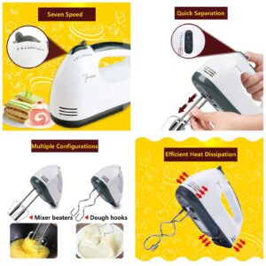 SFXFJ Hand Mixer Electric, 7 Speeds, 100 Watts, 110 Voltage, Stainless Steel Rods, Dough Hooks & Mixer Beaters for Dressings, Frosting, Meringues & More, High Capacity Whisk, White